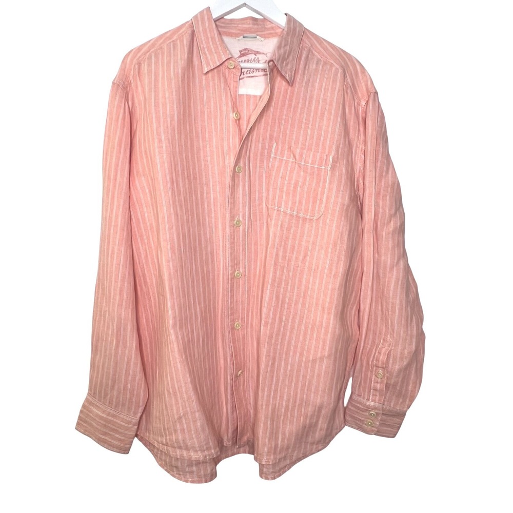 Tommy Bahama Men's‎ Linen Shirt Orange White Stripe Long Sleeve Collared XXL
